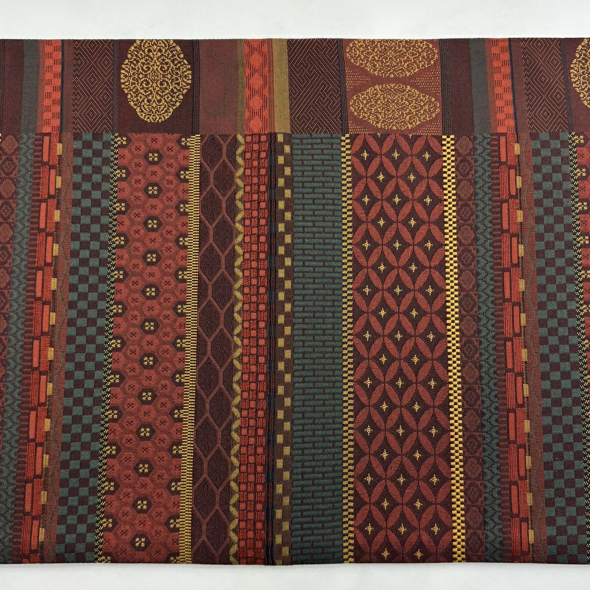 【美品】 袋帶 秀品級 有職紋樣 縞 紅色 全通 純蠶絲