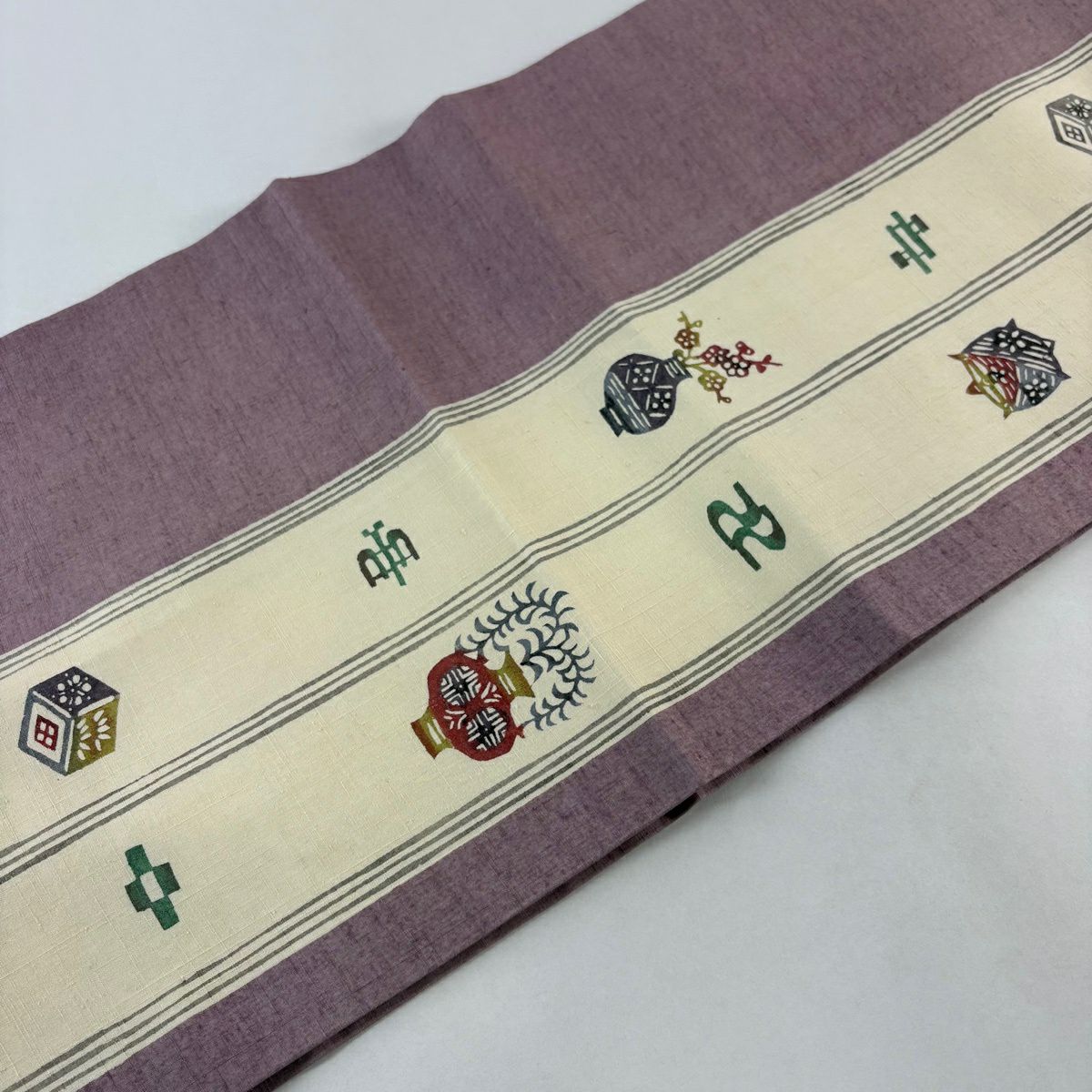 開口名古屋帶 優品級 紬織織 花器 線卷 薄紫 純蠶絲