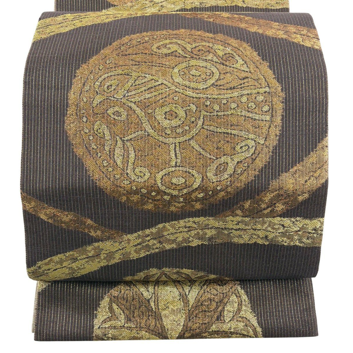 【美品】 袋帶 秀品級 鳥 圓文 金金箔 金絲 小豆 深紅 六通 純蠶絲