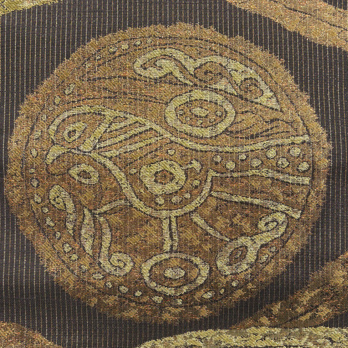 【美品】 袋帶 秀品級 鳥 圓文 金金箔 金絲 小豆 深紅 六通 純蠶絲