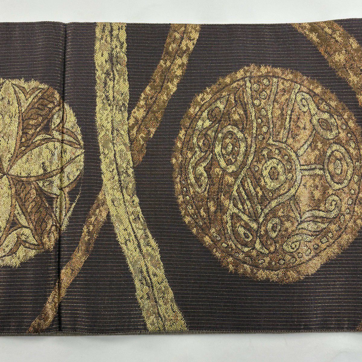 【美品】 袋帶 秀品級 鳥 圓文 金金箔 金絲 小豆 深紅 六通 純蠶絲