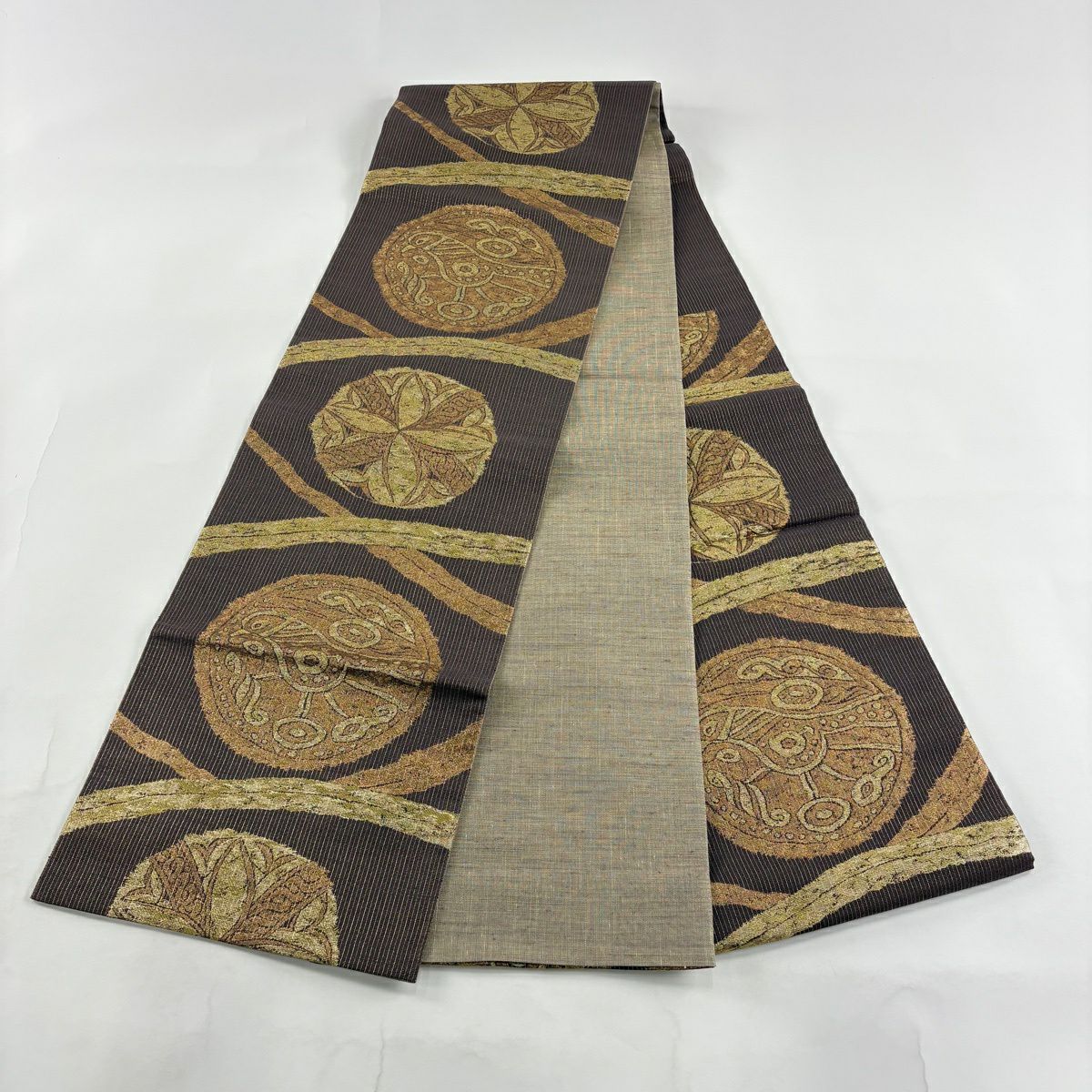 【美品】 袋帶 秀品級 鳥 圓文 金金箔 金絲 小豆 深紅 六通 純蠶絲