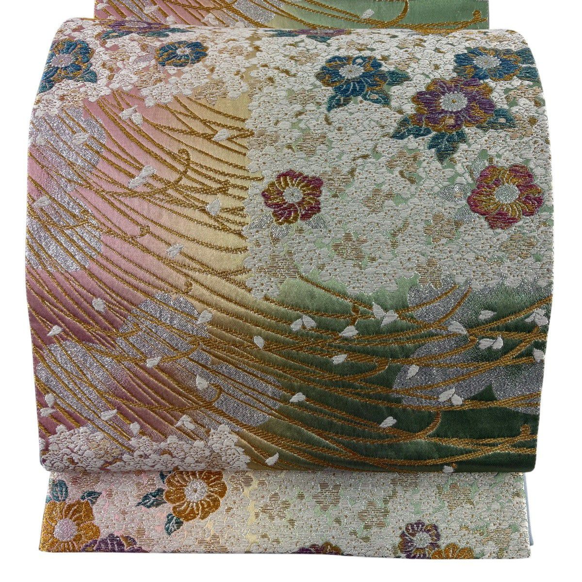 【美品】 袋帶 秀品級 草花紋紋 金糸 金金箔 淺綠 六通 純蠶絲