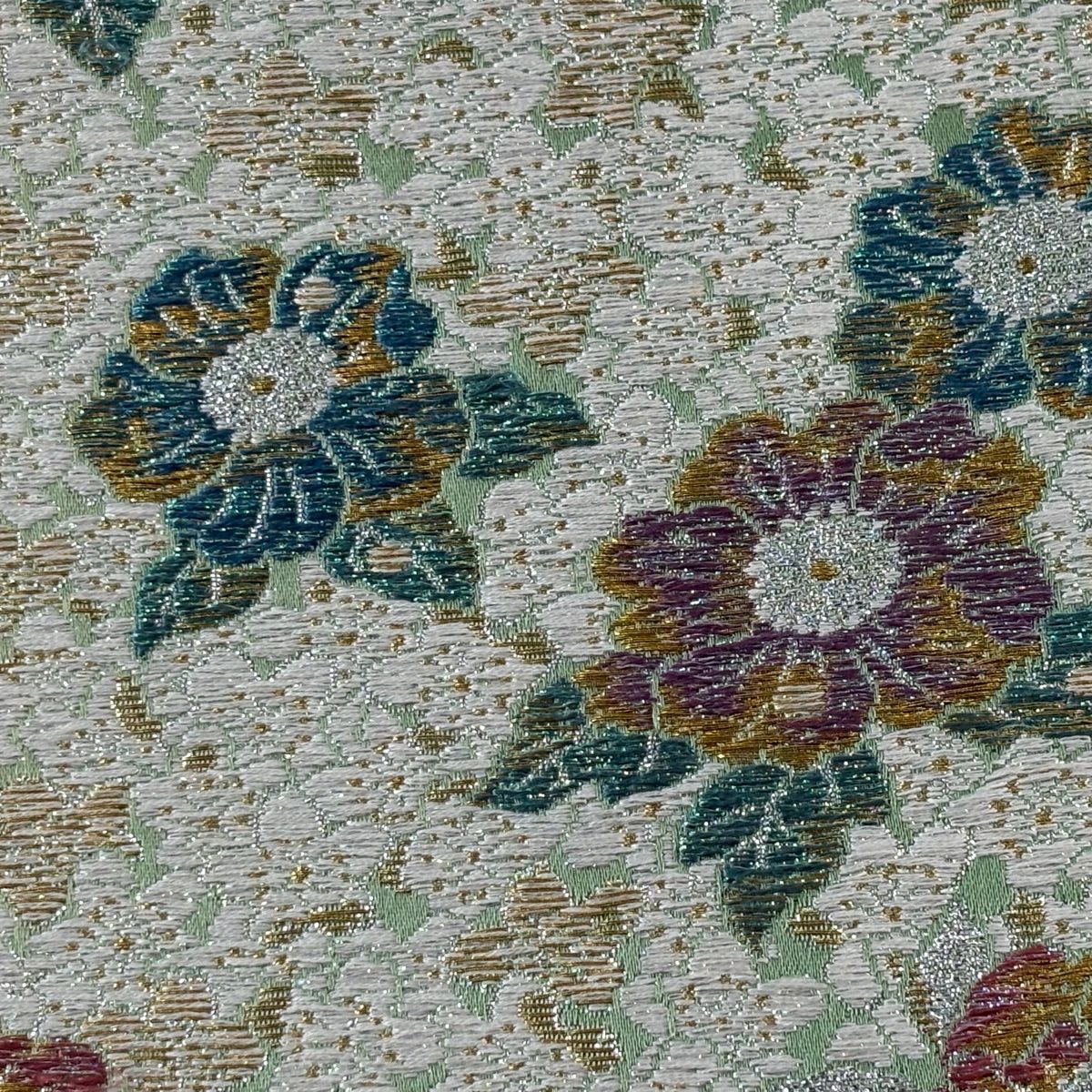 【美品】 袋帶 秀品級 草花紋紋 金糸 金金箔 淺綠 六通 純蠶絲
