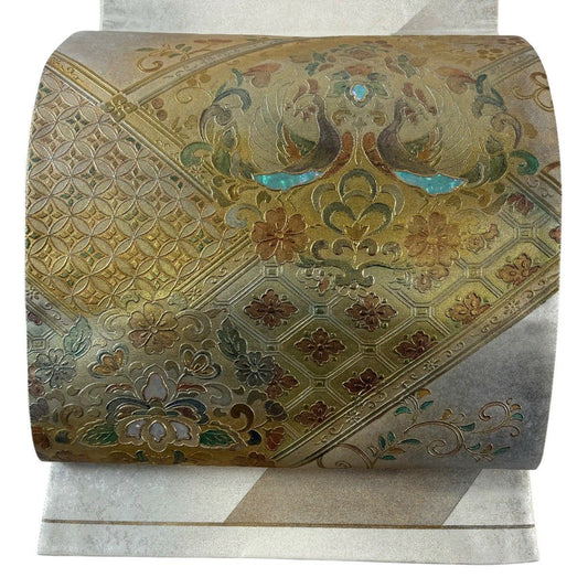 袋帶 秀品級 向鳥 草花紋紋 螺鈿 金銀彩 金 純蠶絲