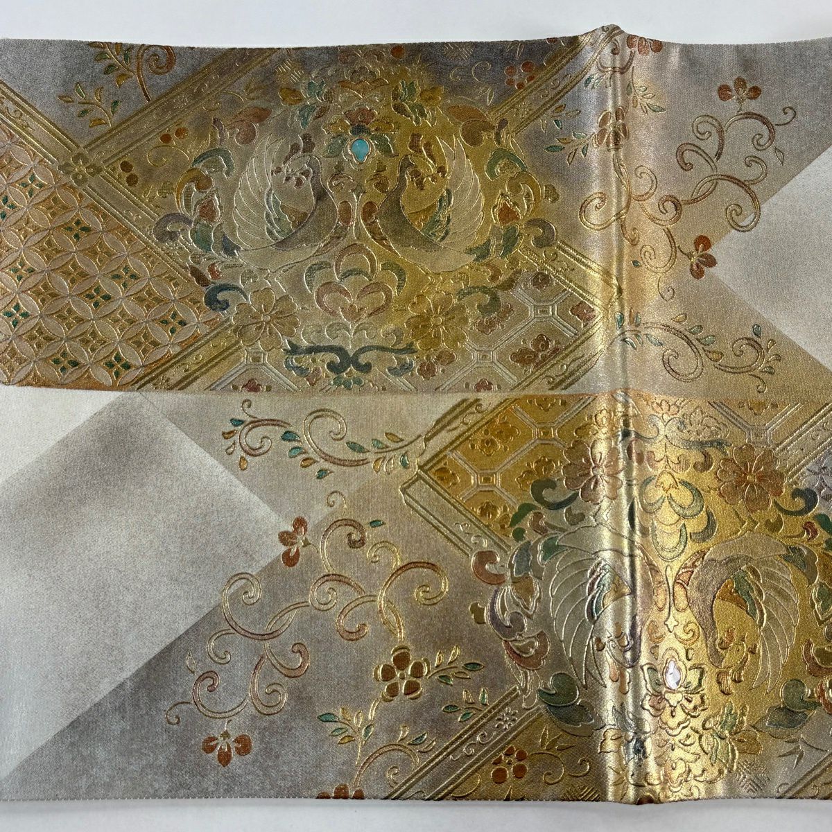 袋帶 秀品級 向鳥 草花紋紋 螺鈿 金銀彩 金 純蠶絲