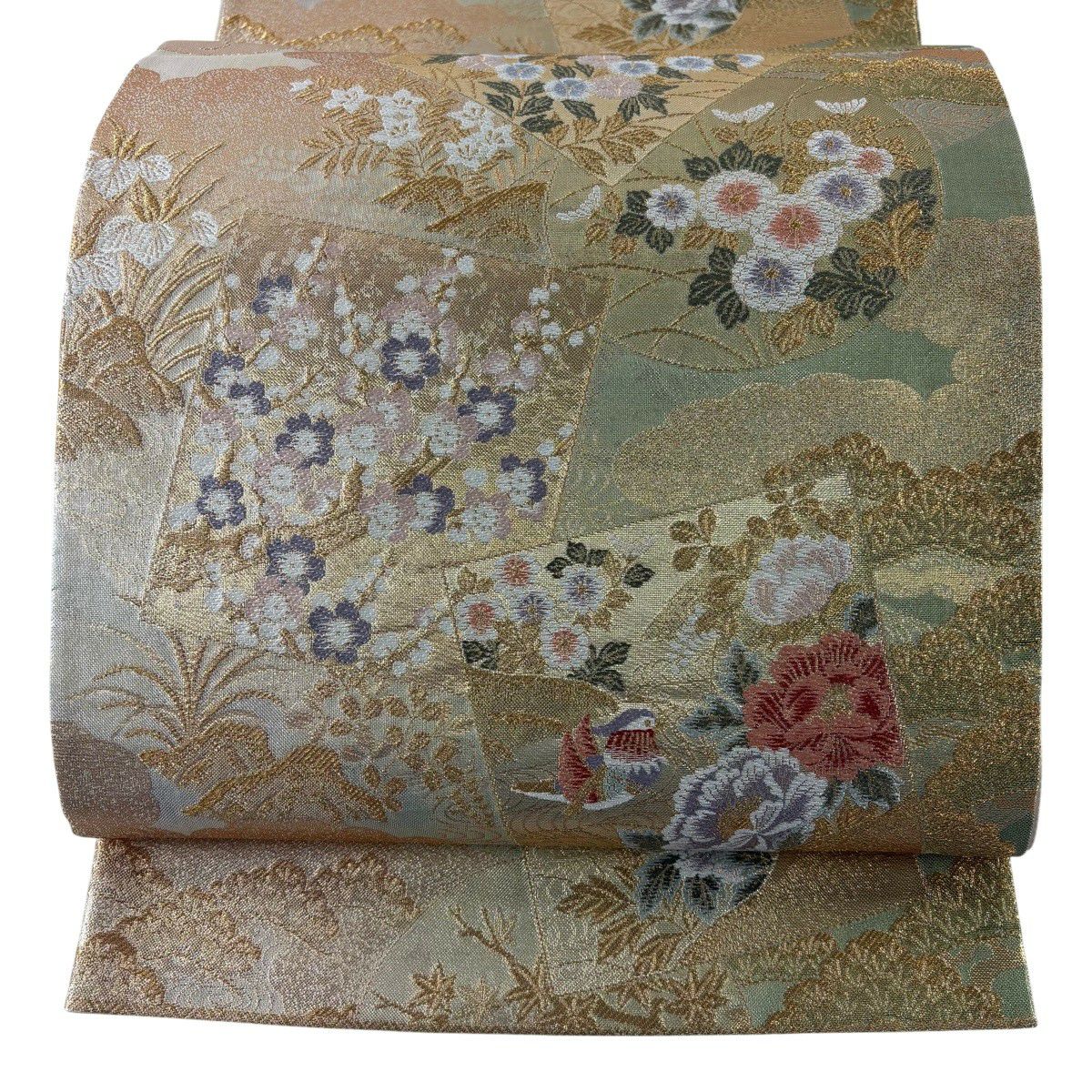 【美品】 袋帶 秀品級 色紙 花鳥 金絲 金金箔 金色 六通 純蠶絲