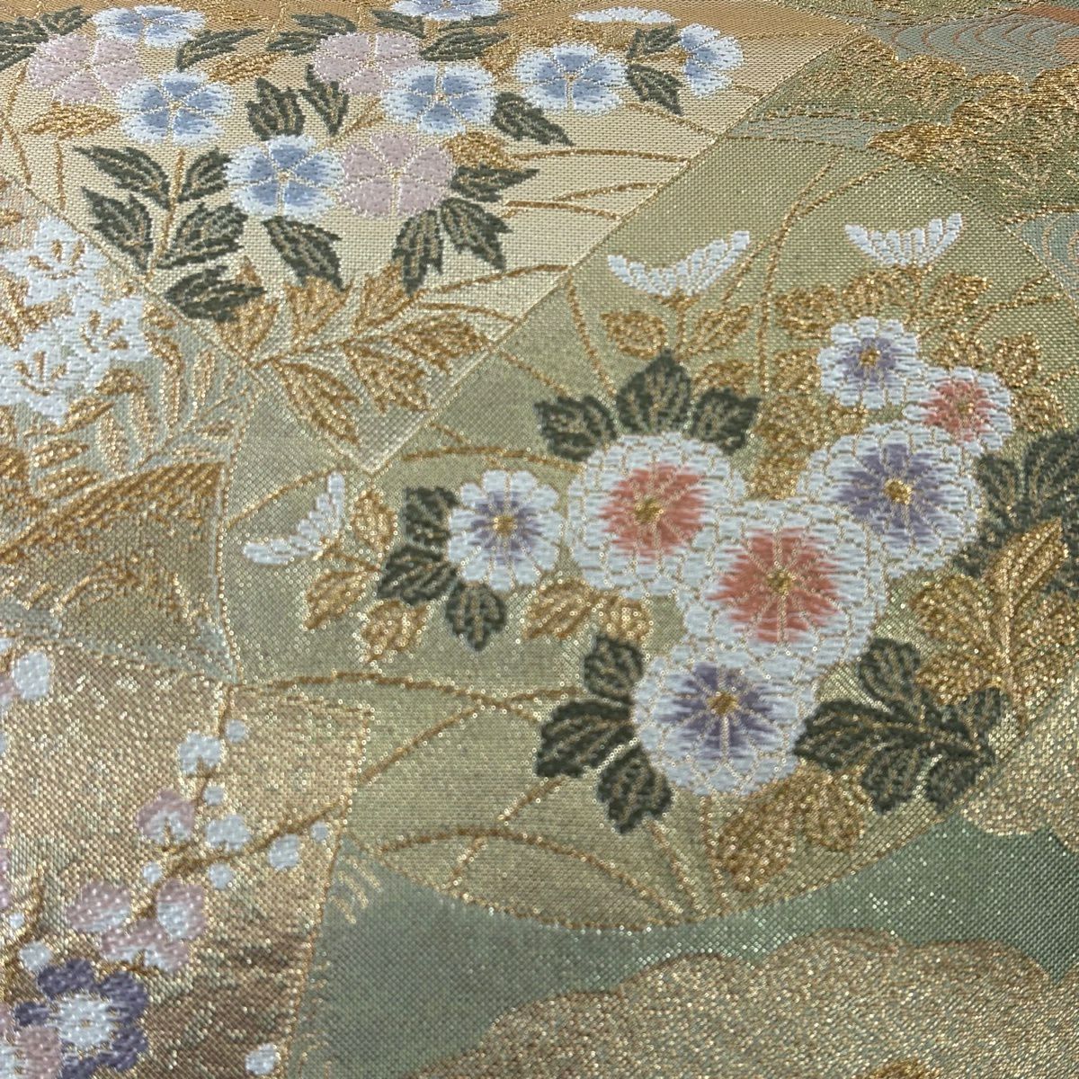 【美品】 袋帶 秀品級 色紙 花鳥 金絲 金金箔 金色 六通 純蠶絲