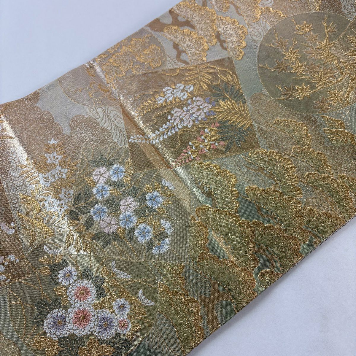 【美品】 袋帶 秀品級 色紙 花鳥 金絲 金金箔 金色 六通 純蠶絲