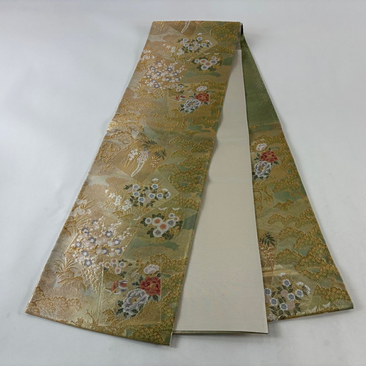 【美品】 袋帶 秀品級 色紙 花鳥 金絲 金金箔 金色 六通 純蠶絲