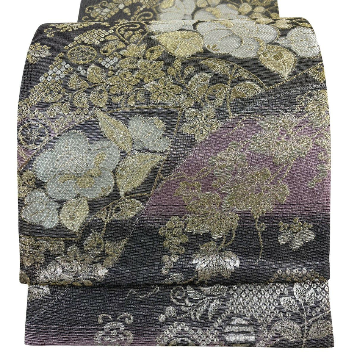 【美品】 袋帶 秀品級 證明書齊全 扇子面 草花紋 金絲 灰紫 六通 純蠶絲