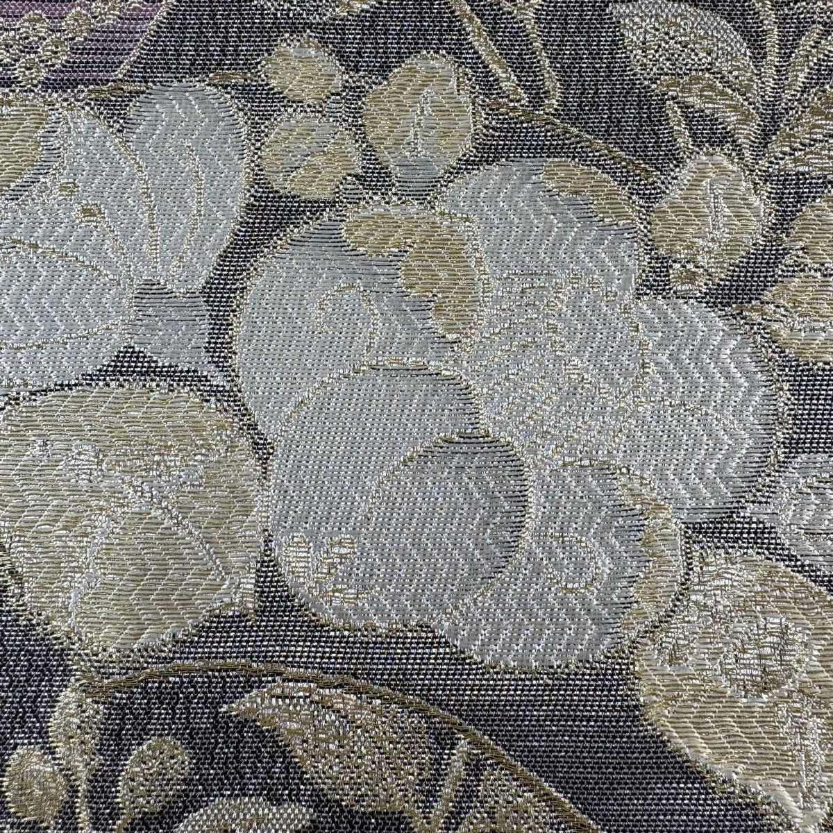 【美品】 袋帶 秀品級 證明書齊全 扇子面 草花紋 金絲 灰紫 六通 純蠶絲