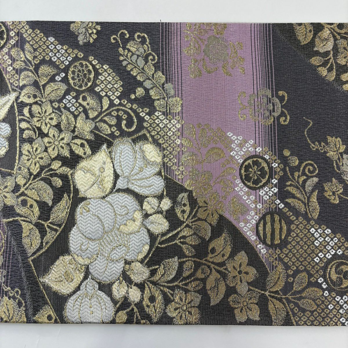 【美品】 袋帶 秀品級 證明書齊全 扇子面 草花紋 金絲 灰紫 六通 純蠶絲