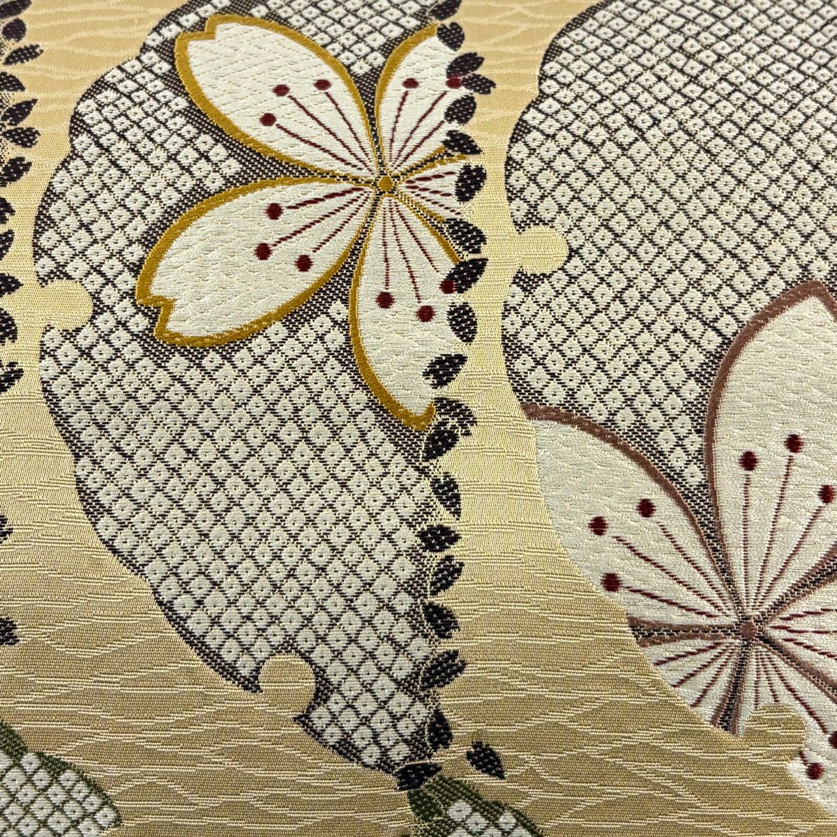 【美品】名古屋帶 秀品級 雪輪 櫻花刺繡 米色 純蠶絲