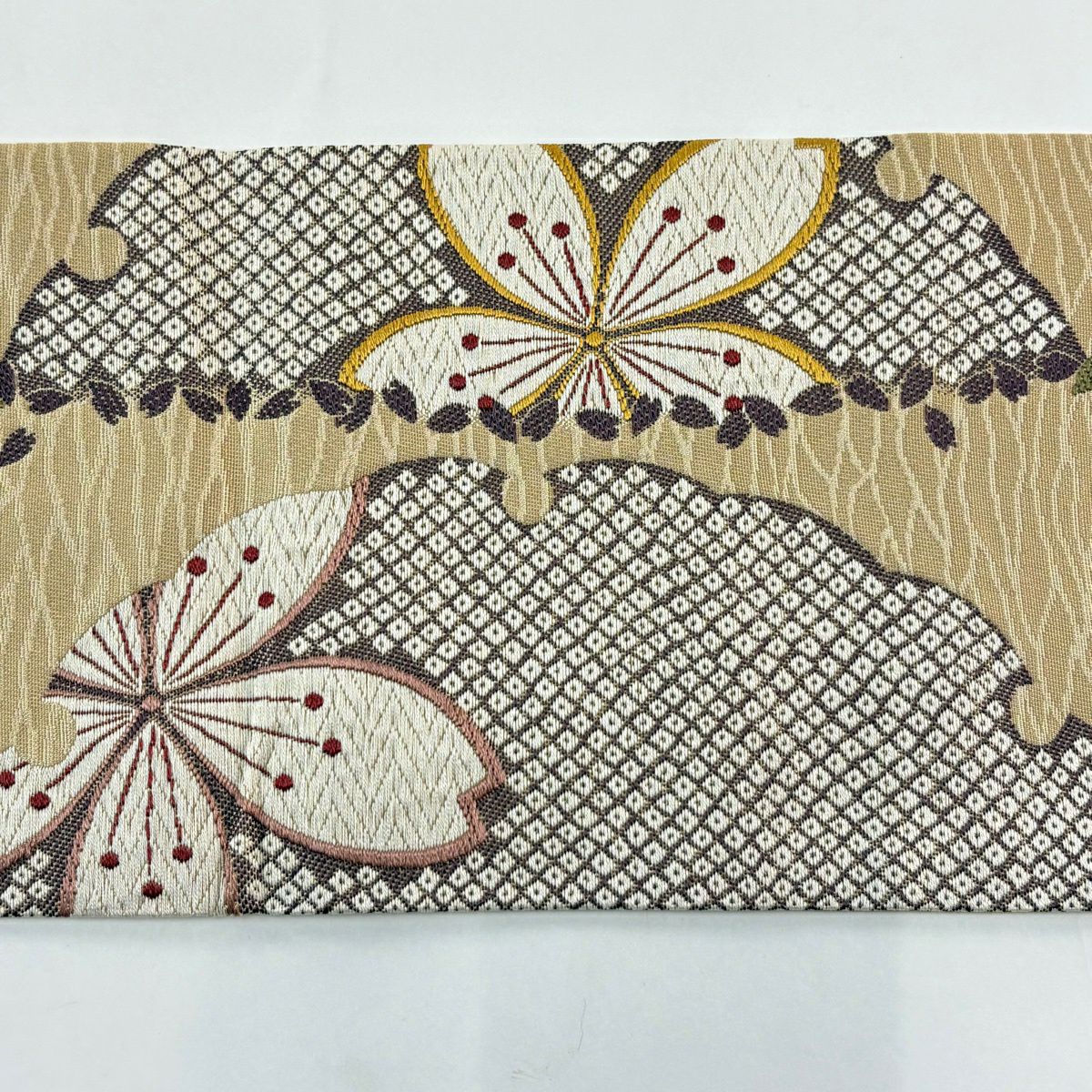 【美品】名古屋帶 秀品級 雪輪 櫻花刺繡 米色 純蠶絲