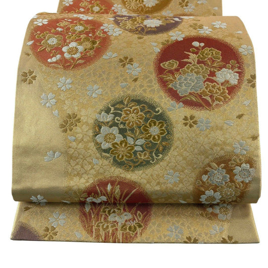 袋帶 秀品級 鈴乃屋 圓文 草花紋 唐織 金銀線 金 六通 純蠶絲