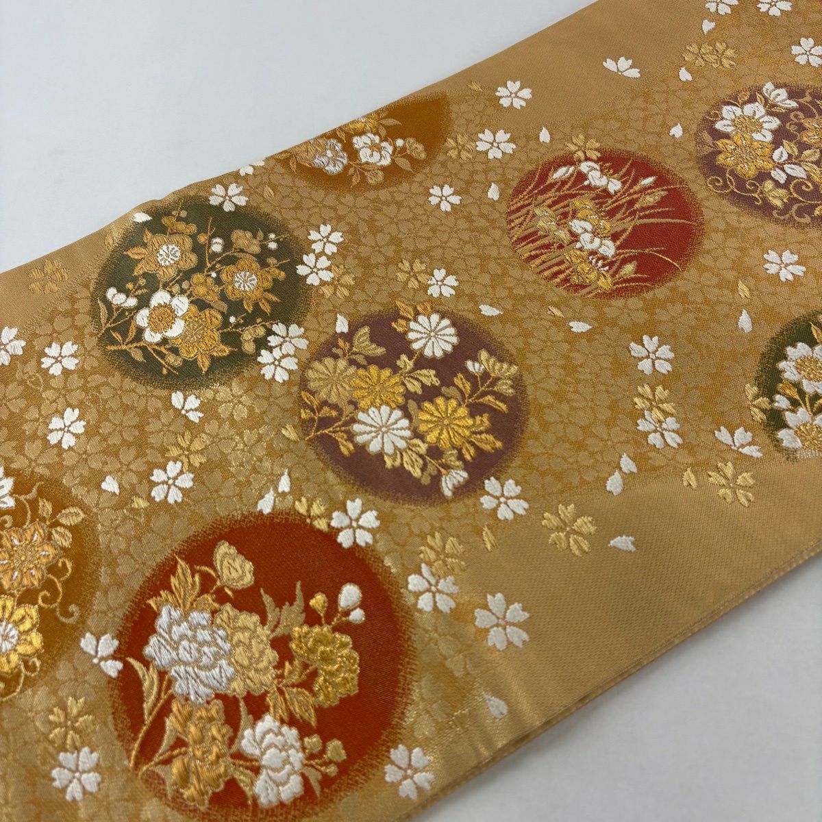 袋帶 秀品級 鈴乃屋 圓文 草花紋 唐織 金銀線 金 六通 純蠶絲