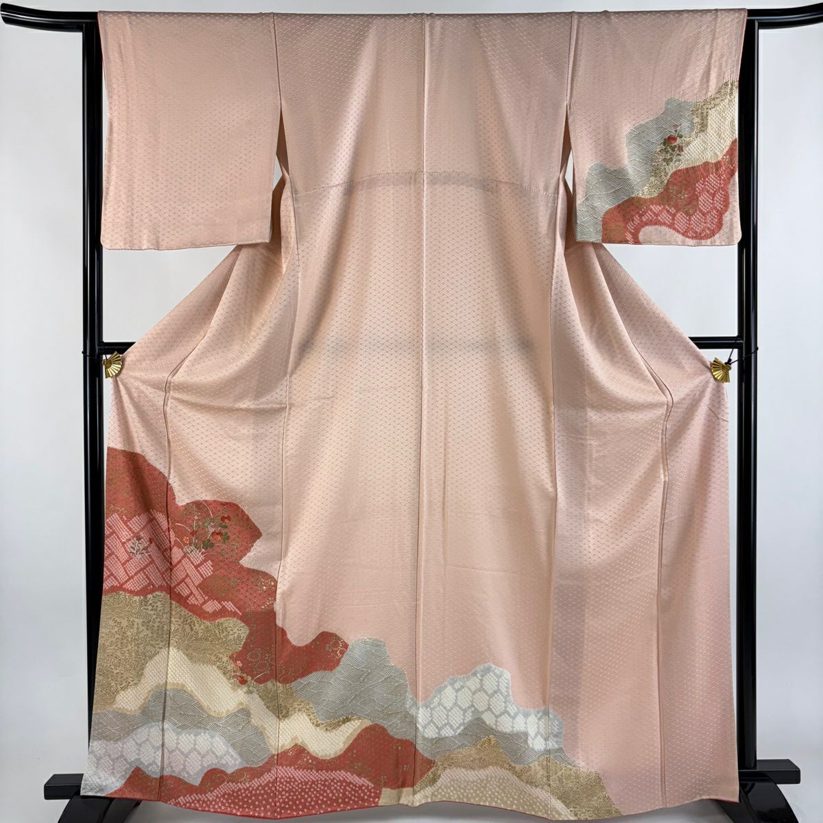 訪問服 身長163.5cm 袖長64cm M 雙層 草花紋紋 霞 絞染 刺繡 粉紅 純蠶絲 秀品級