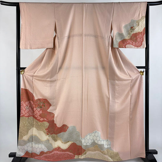 訪問服 身長163.5cm 袖長64cm M 雙層 草花紋紋 霞 絞染 刺繡 粉紅 純蠶絲 秀品級