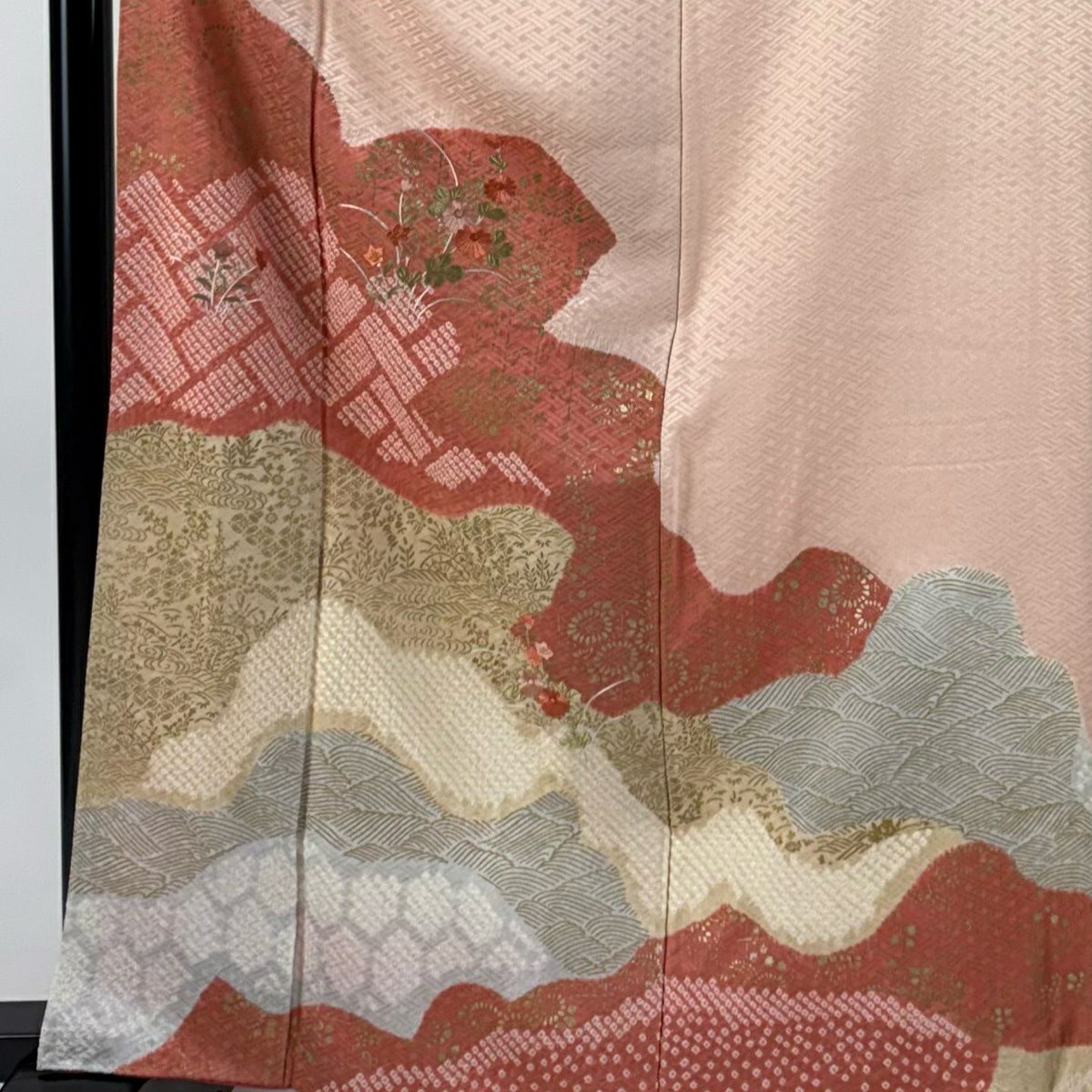 訪問服 身長163.5cm 袖長64cm M 雙層 草花紋紋 霞 絞染 刺繡 粉紅 純蠶絲 秀品級