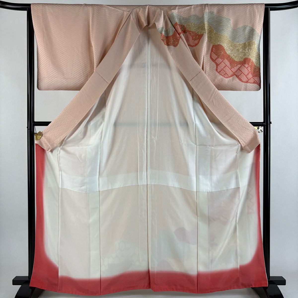 訪問服 身長163.5cm 袖長64cm M 雙層 草花紋紋 霞 絞染 刺繡 粉紅 純蠶絲 秀品級