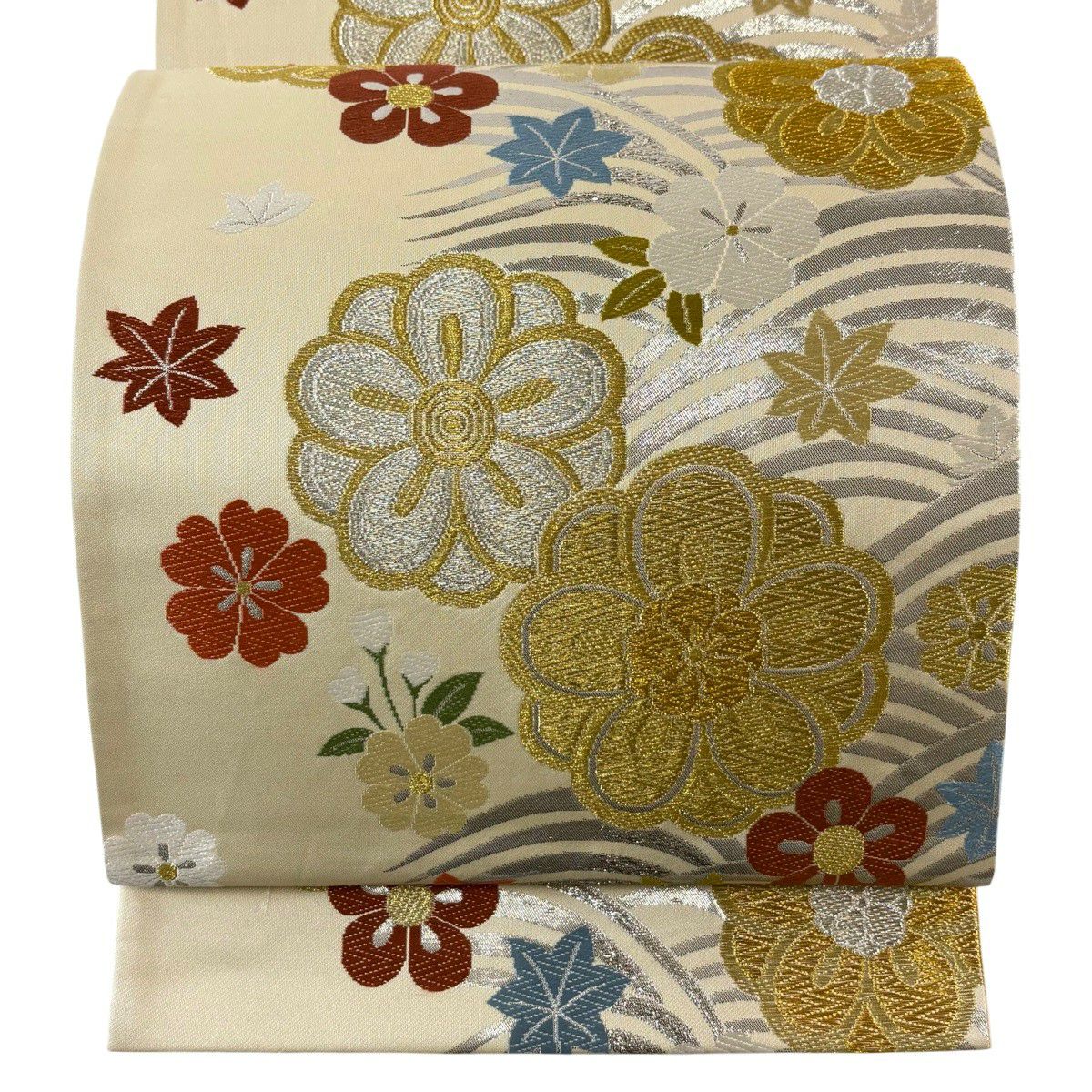 袋帶 秀品級 梅花花 樱枫 金銀絲 金金箔 米色 六通 純蠶絲