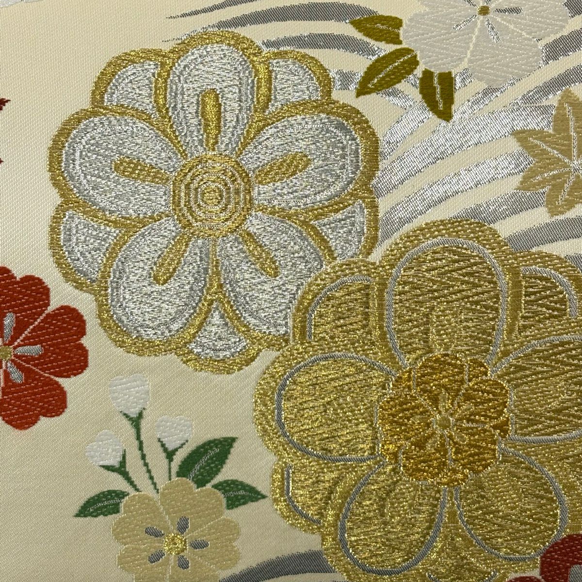 袋帶 秀品級 梅花花 樱枫 金銀絲 金金箔 米色 六通 純蠶絲