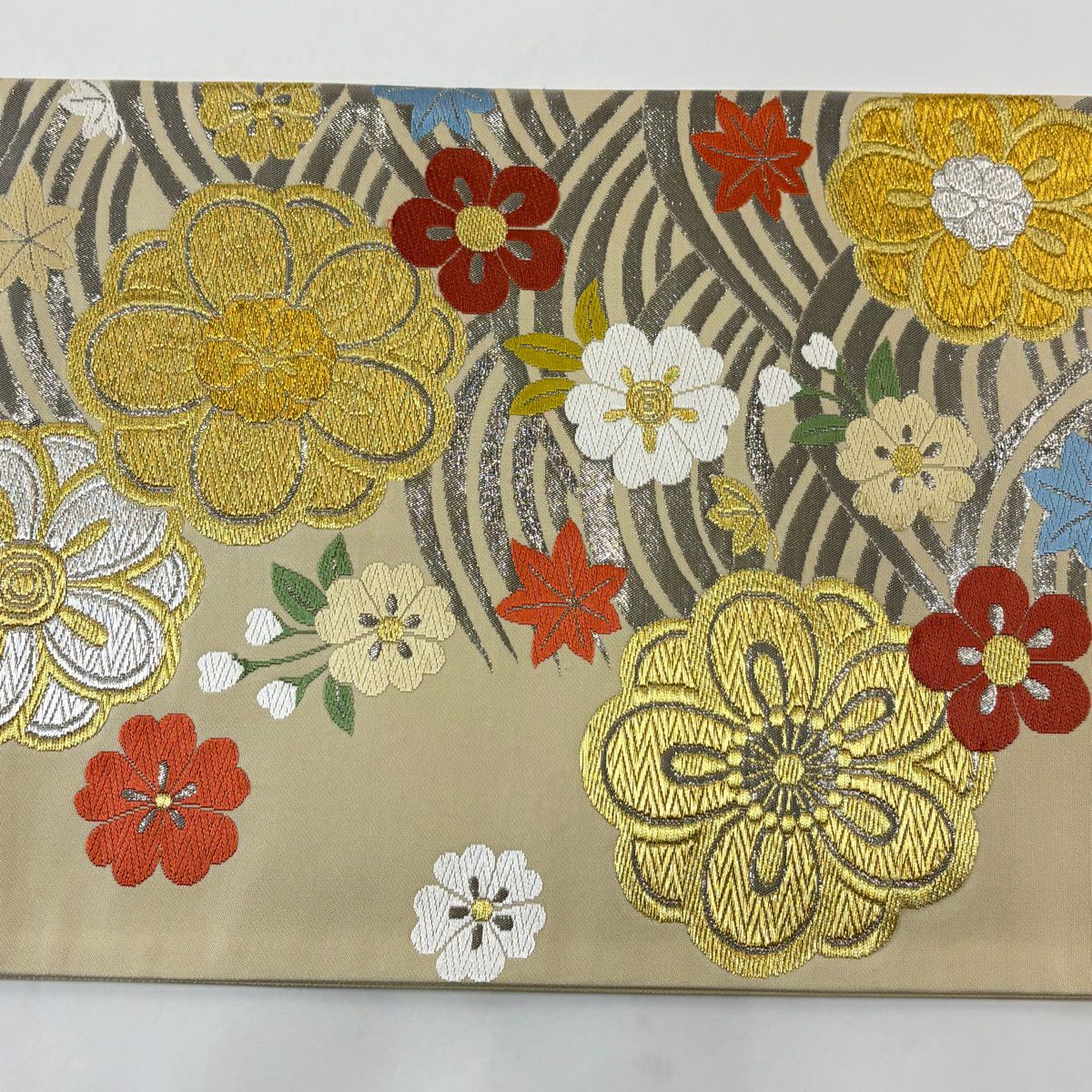 袋帶 秀品級 梅花花 樱枫 金銀絲 金金箔 米色 六通 純蠶絲