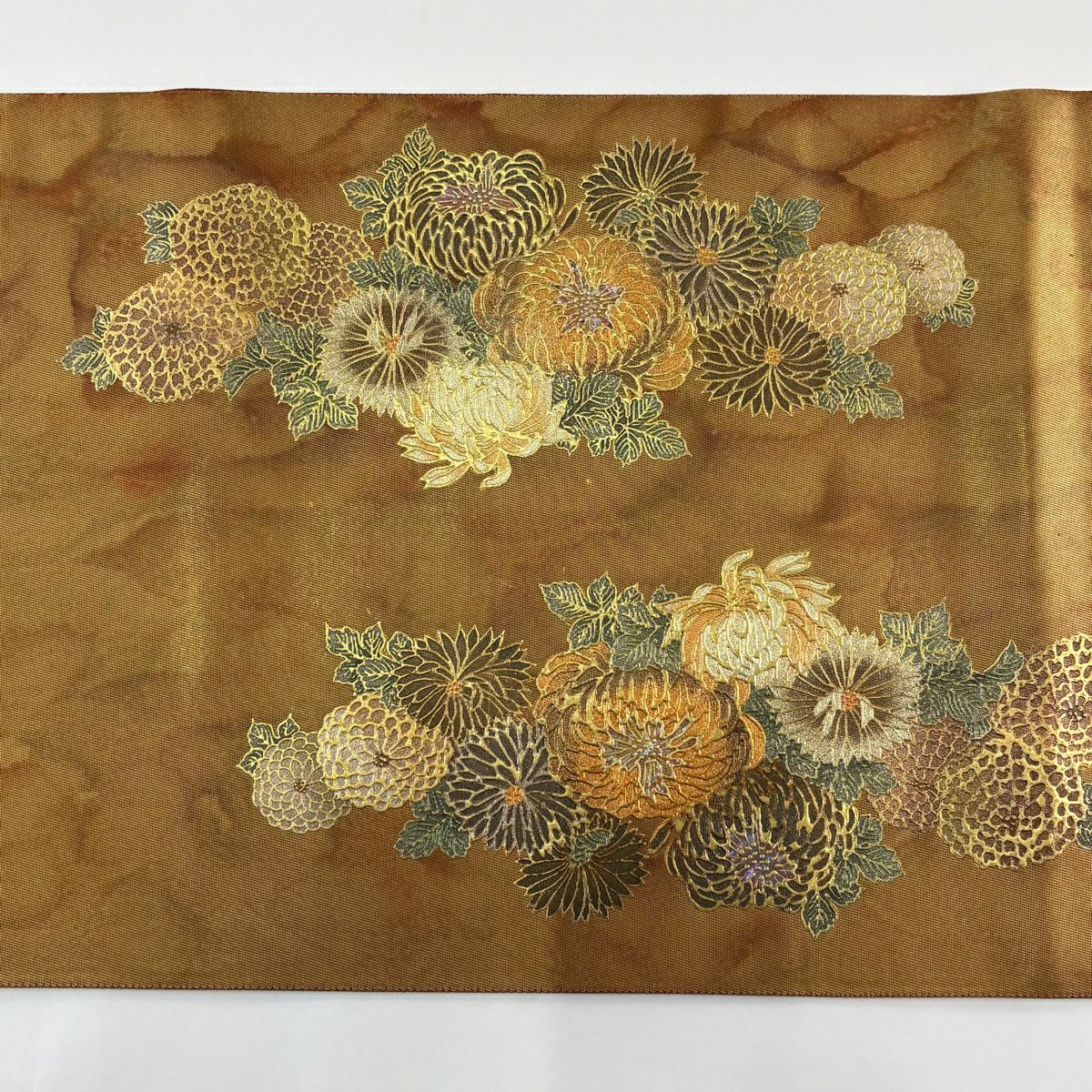 袋帶 秀品級 附落款 菊花 螺鈿 金銀彩 茶 純蠶絲