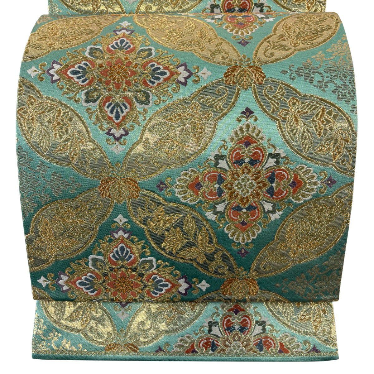 【美品】 袋帶 秀品級 關西仕立 七寶華紋 桐 金絲 金金箔 淺綠 六通 純蠶絲