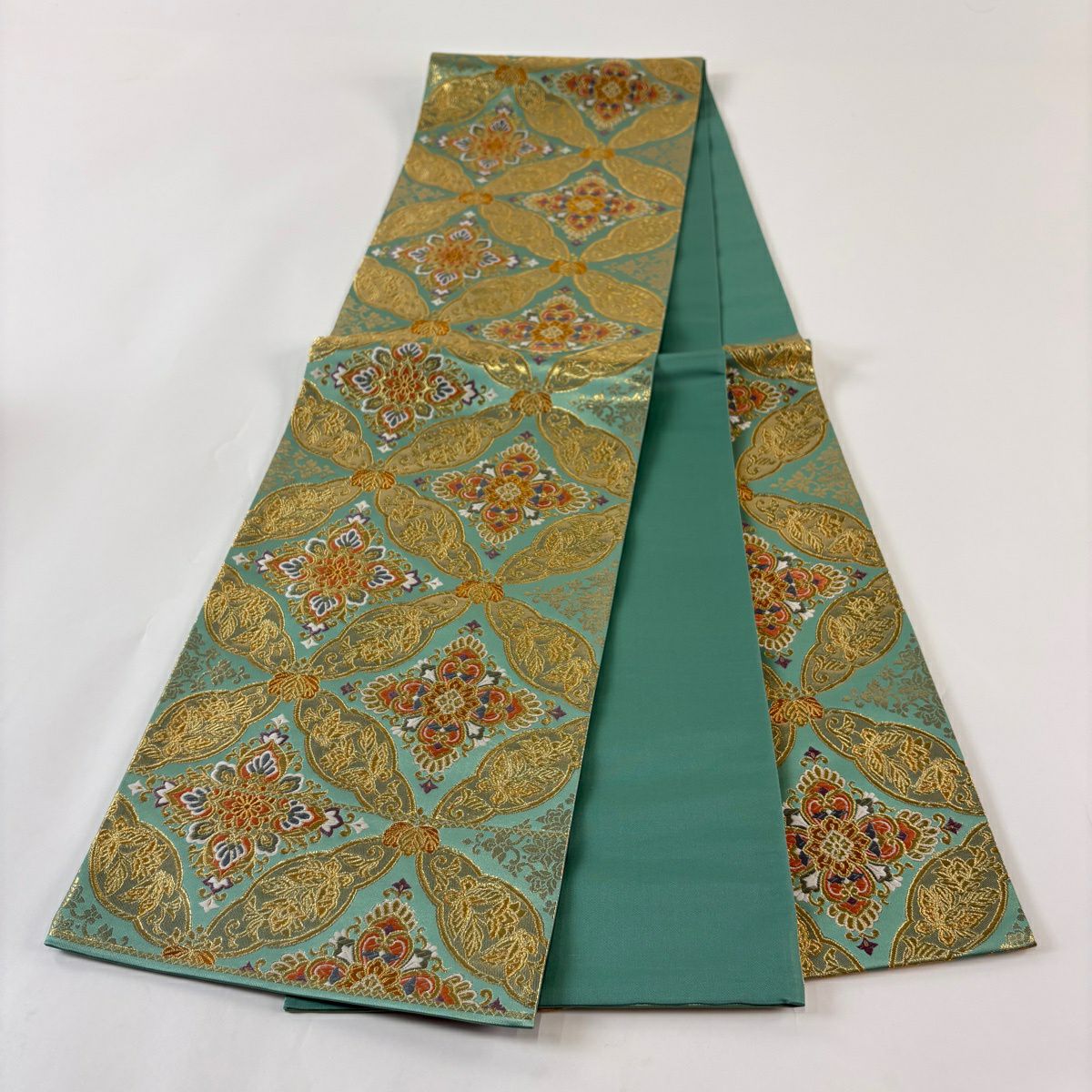 【美品】 袋帶 秀品級 關西仕立 七寶華紋 桐 金絲 金金箔 淺綠 六通 純蠶絲