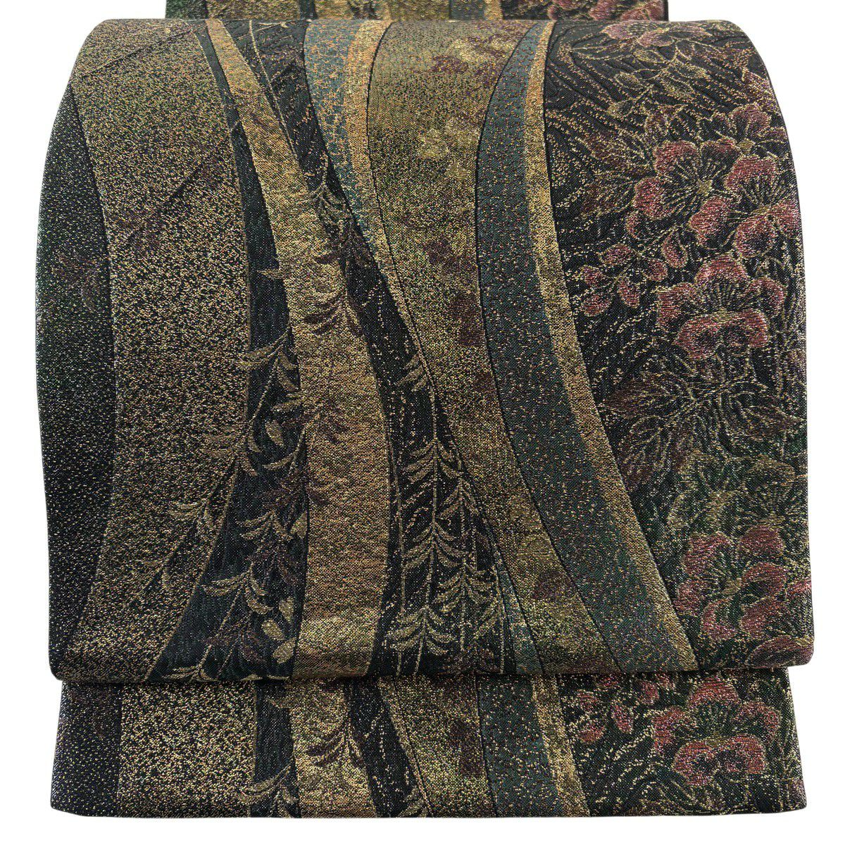 【美品】 袋帶 秀品級 櫻花 葉紋 金金箔 黑 六通 純蠶絲