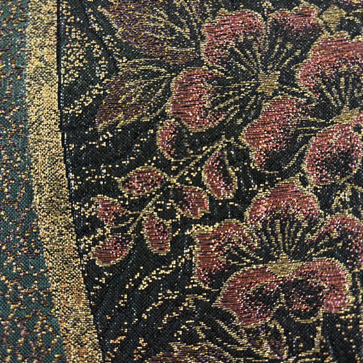 【美品】 袋帶 秀品級 櫻花 葉紋 金金箔 黑 六通 純蠶絲