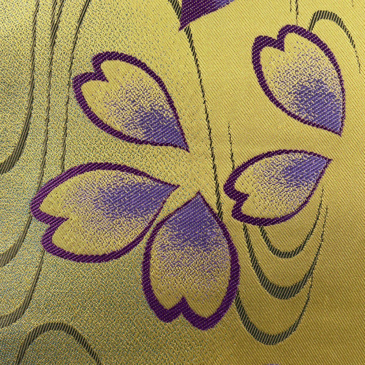 袋帶 秀品級 附有落款 櫻花花瓣 流水 刺繡 黃土色 六通 純蠶絲