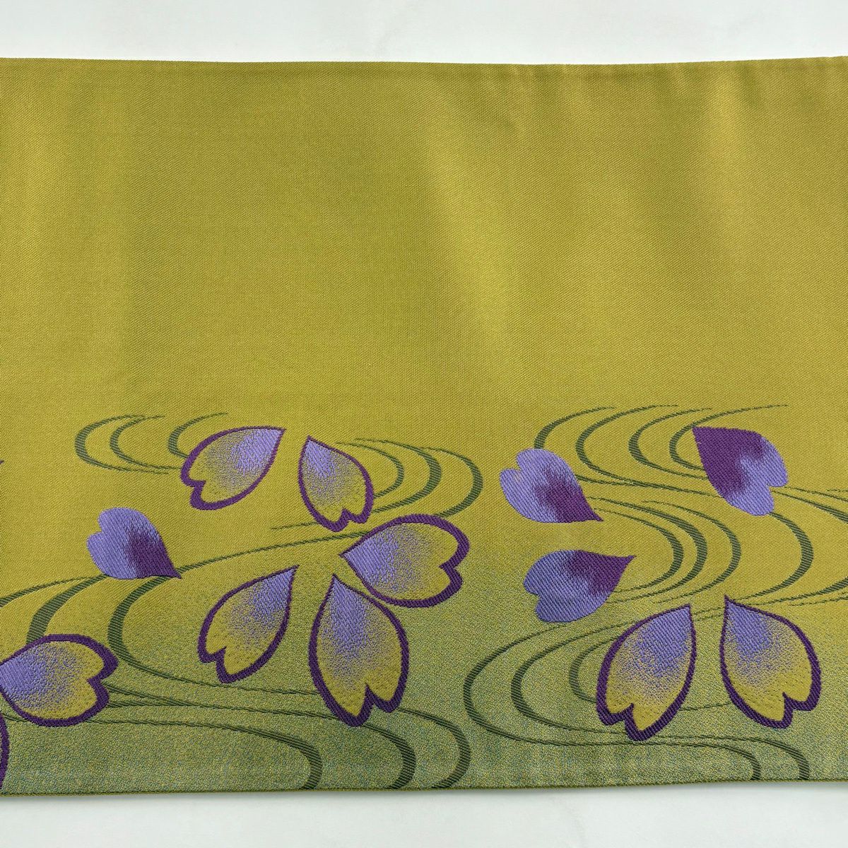 袋帶 秀品級 附有落款 櫻花花瓣 流水 刺繡 黃土色 六通 純蠶絲