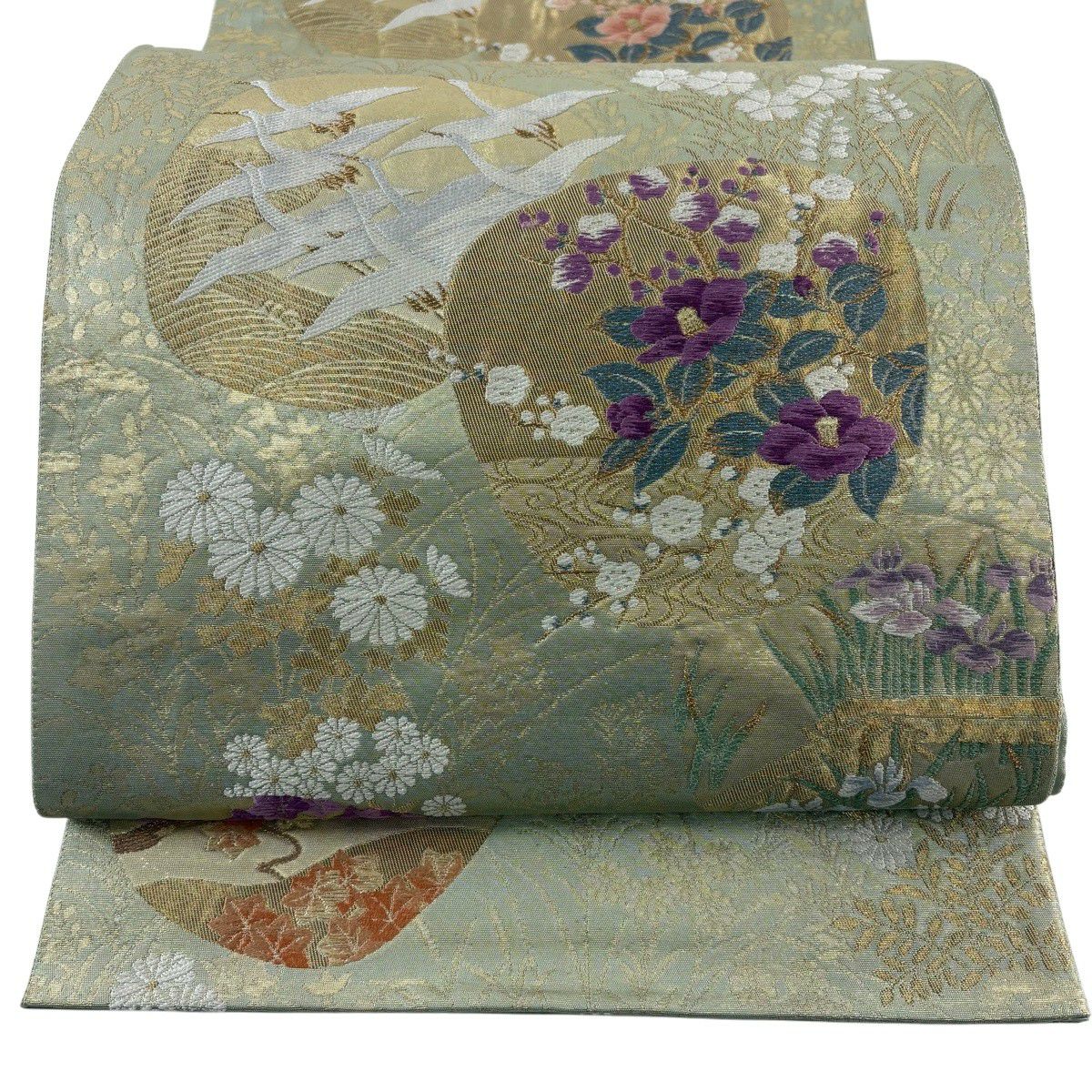 【美品】 袋帶 秀品級 じゅらく 落款あり 團扇子 花鳥 金絲 刺繡 淺綠 六通 純蠶絲