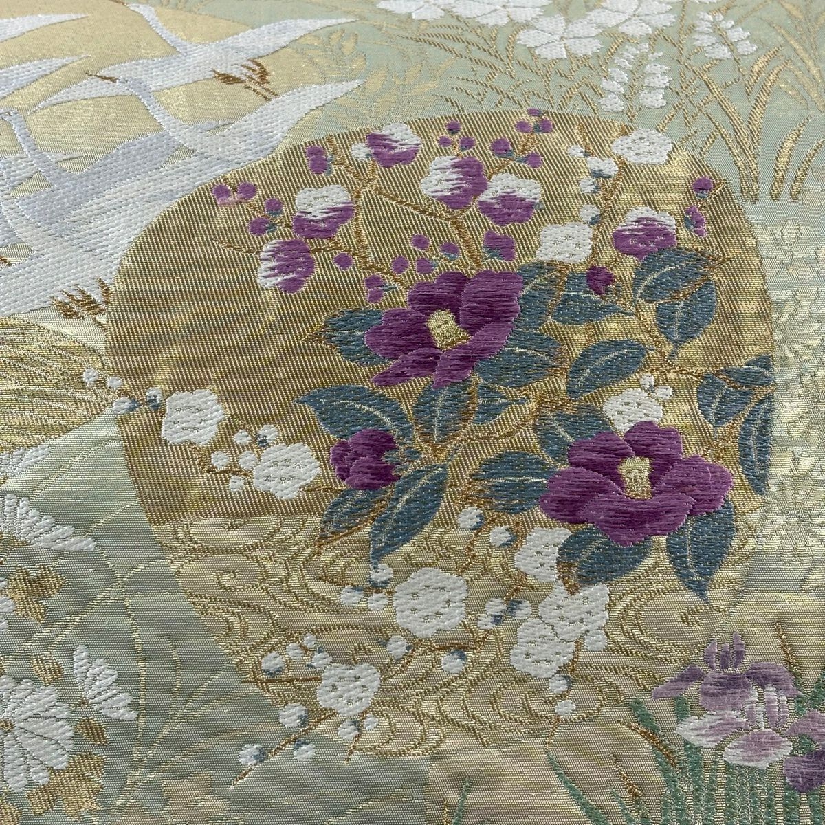 【美品】 袋帶 秀品級 じゅらく 落款あり 團扇子 花鳥 金絲 刺繡 淺綠 六通 純蠶絲