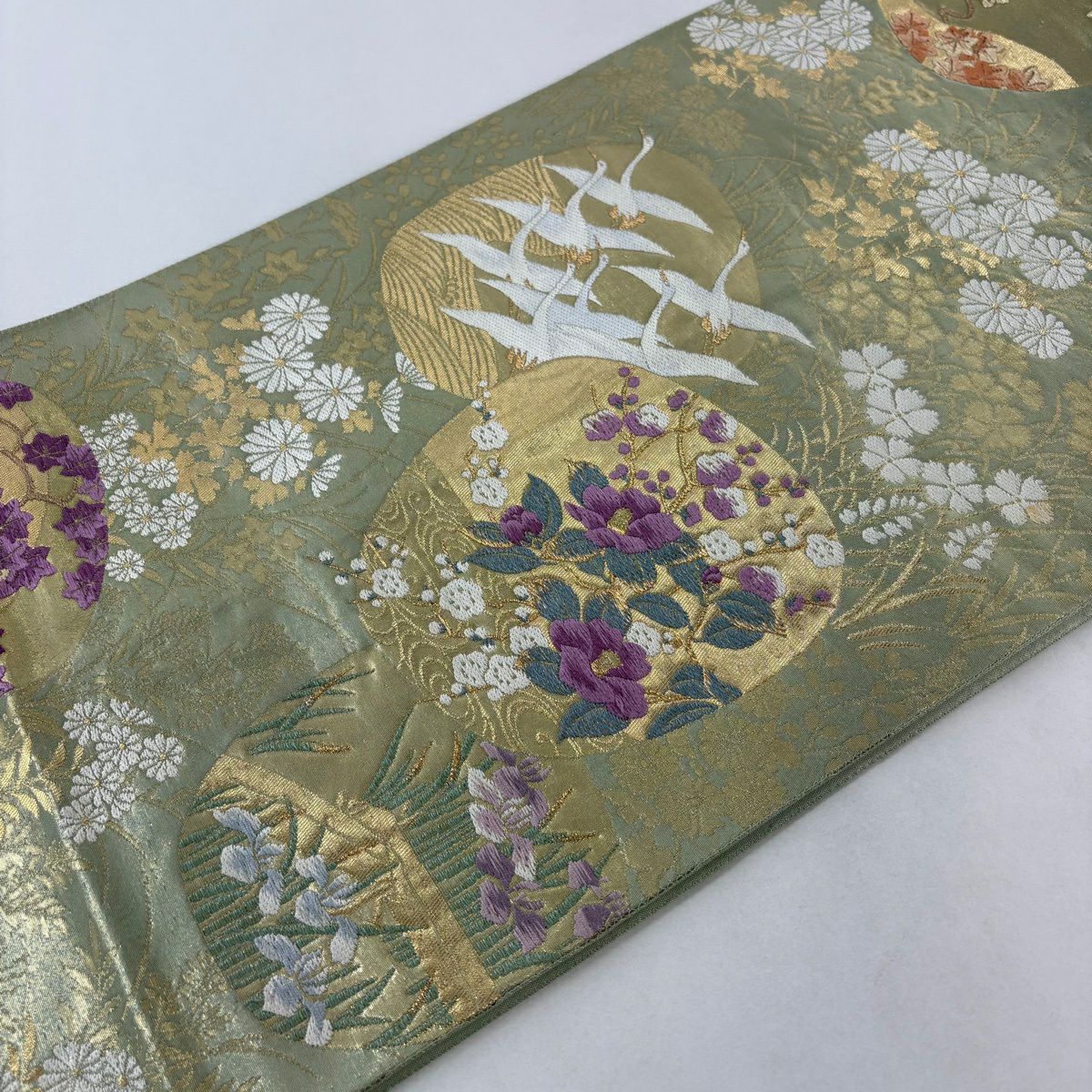 【美品】 袋帶 秀品級 じゅらく 落款あり 團扇子 花鳥 金絲 刺繡 淺綠 六通 純蠶絲