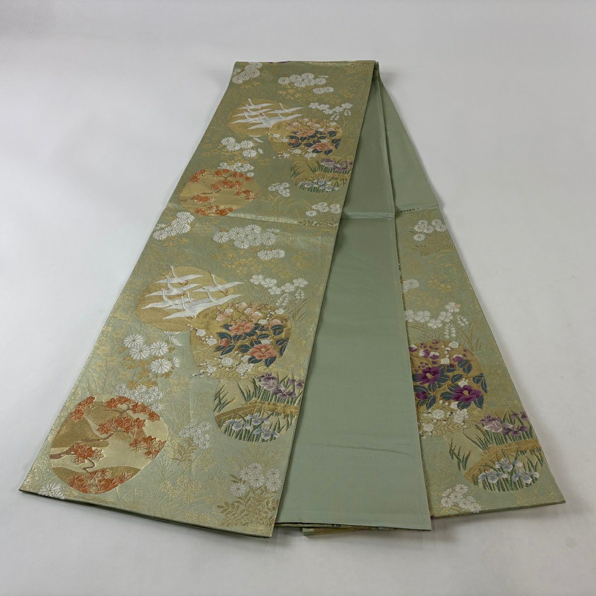 【美品】 袋帶 秀品級 じゅらく 落款あり 團扇子 花鳥 金絲 刺繡 淺綠 六通 純蠶絲