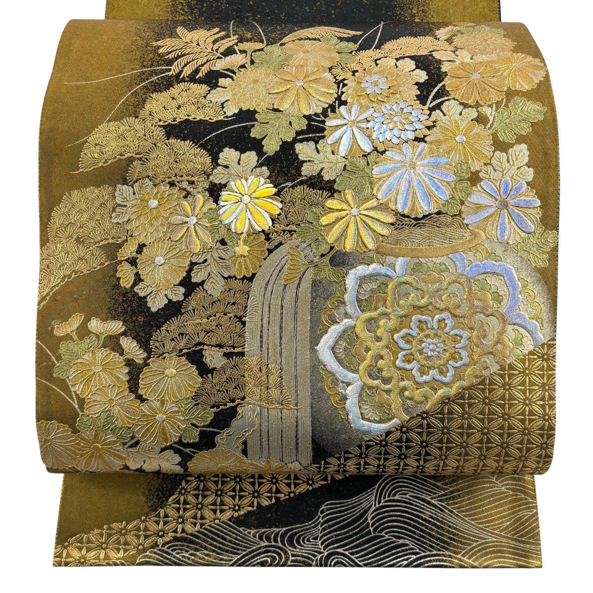【美品】 袋帶 秀品級 華紋 菊花 金銀彩 金金箔 金色 大鼓圖案 純蠶絲