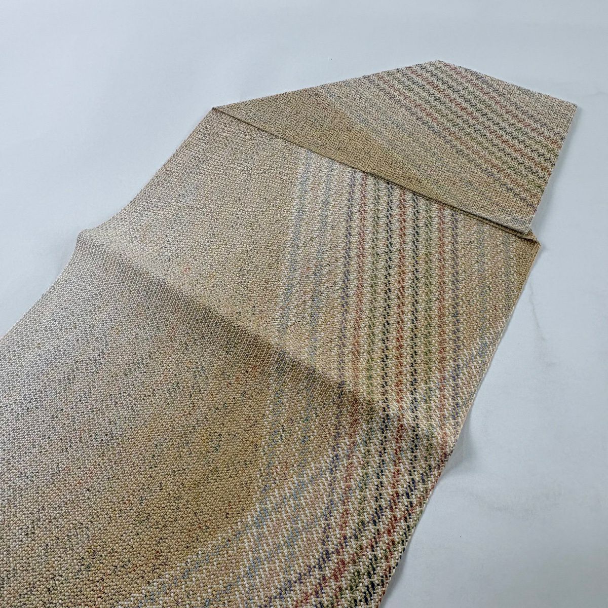 【美品】名古屋帶 秀品級 夏帶 八寸名古屋帶 松樹葉仕立 幾何學 米色 純蠶絲
