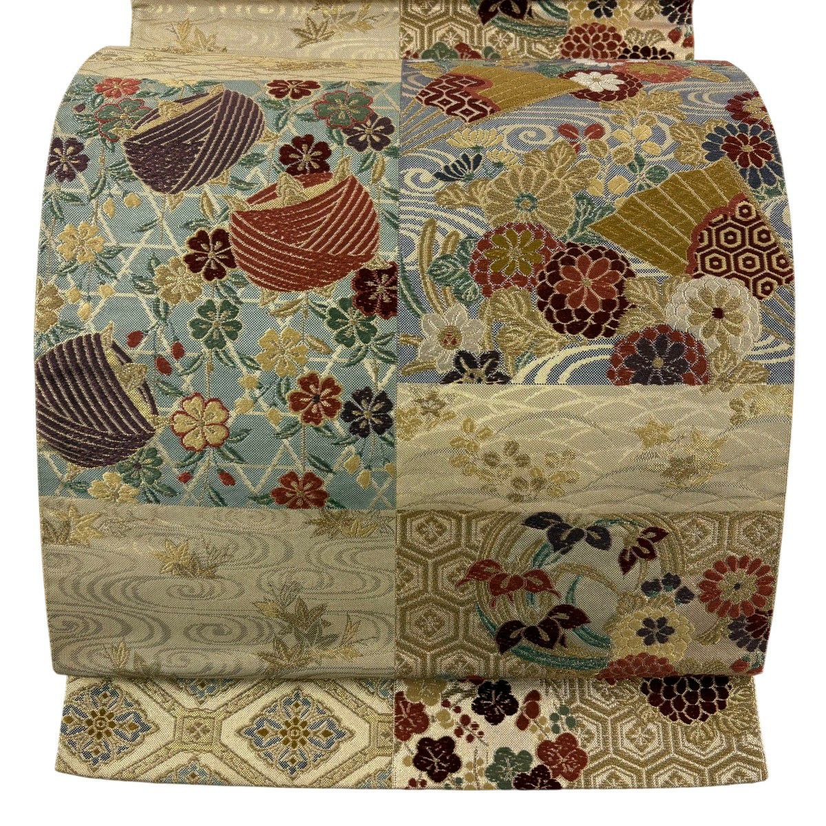 【美品】 袋帶 秀品級 線捲 草花紋 金絲 金金箔 米色 六通 純蠶絲