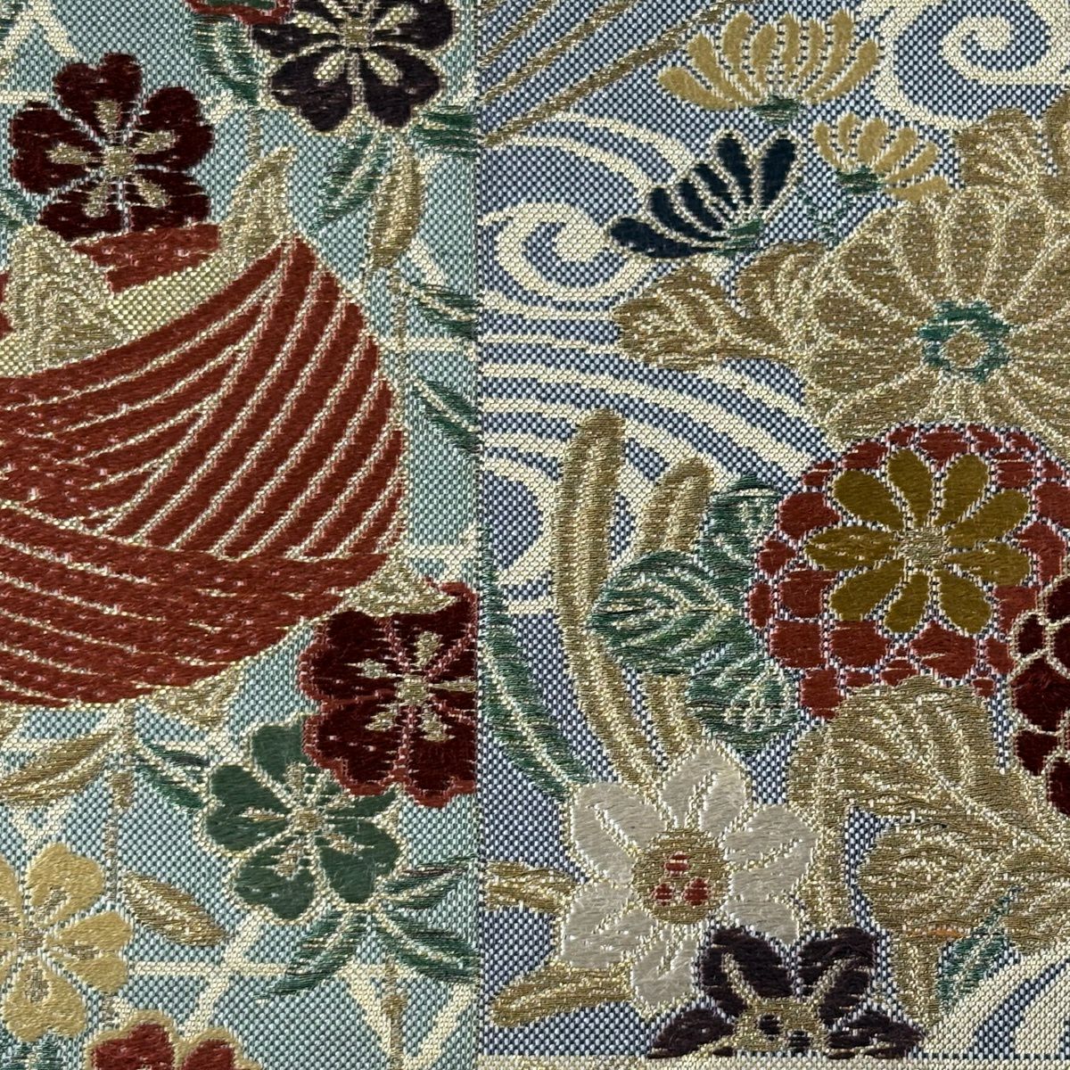 【美品】 袋帶 秀品級 線捲 草花紋 金絲 金金箔 米色 六通 純蠶絲