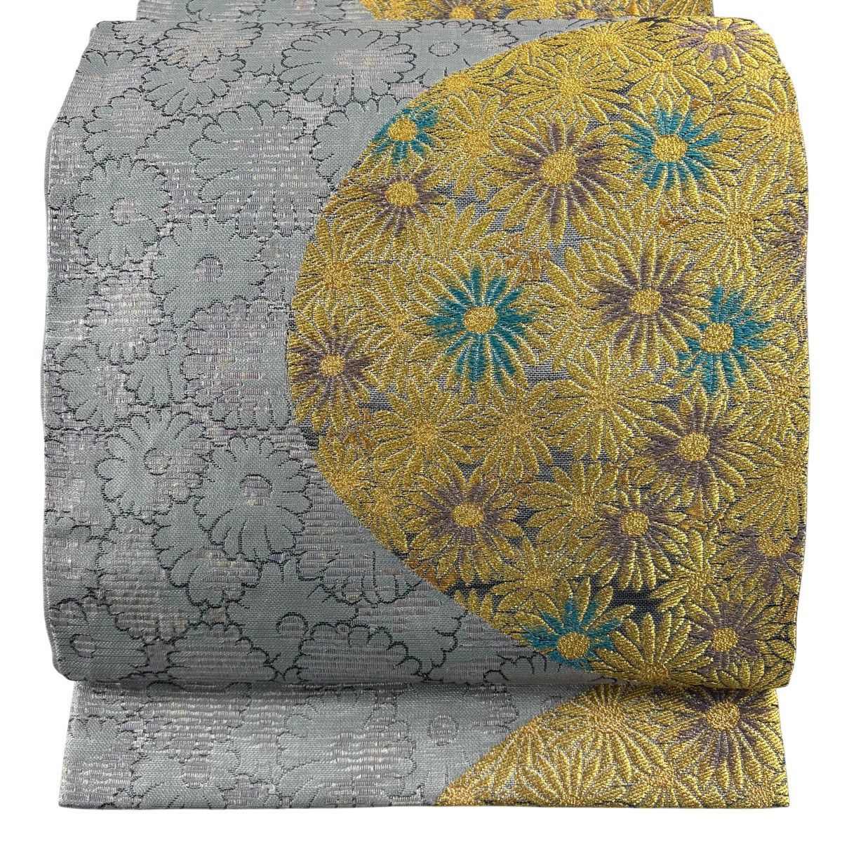 【美品】 袋帶 秀品級 附有落款 菊花花 金銀彩 刺繡 灰色 六通 純蠶絲