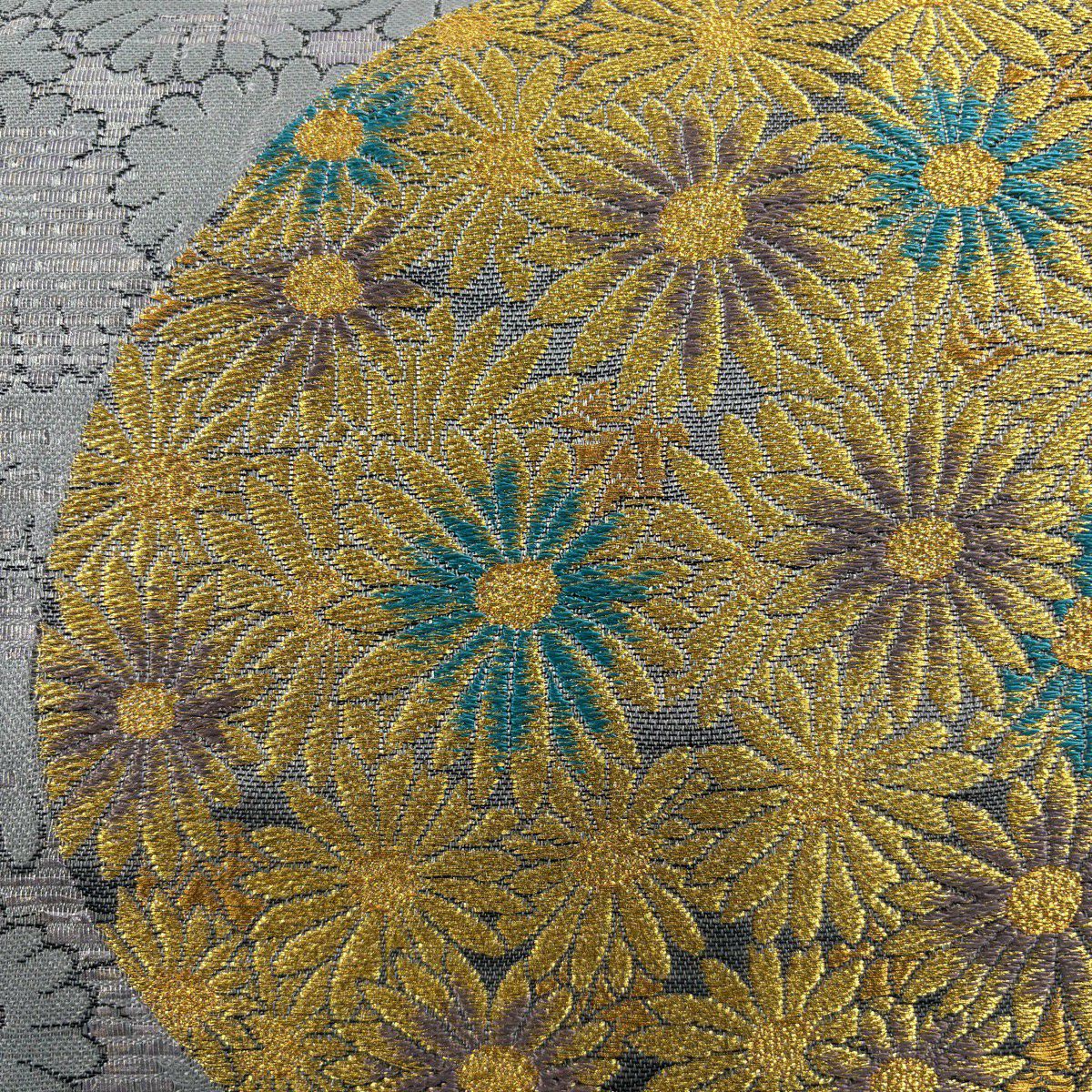 【美品】 袋帶 秀品級 附有落款 菊花花 金銀彩 刺繡 灰色 六通 純蠶絲