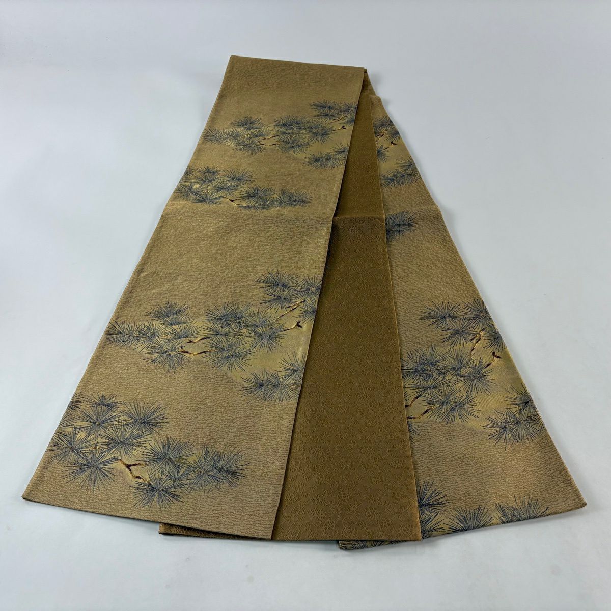 【美品】 袋帶 秀品級 松樹 霞 金絲 灰茶 全通 純蠶絲