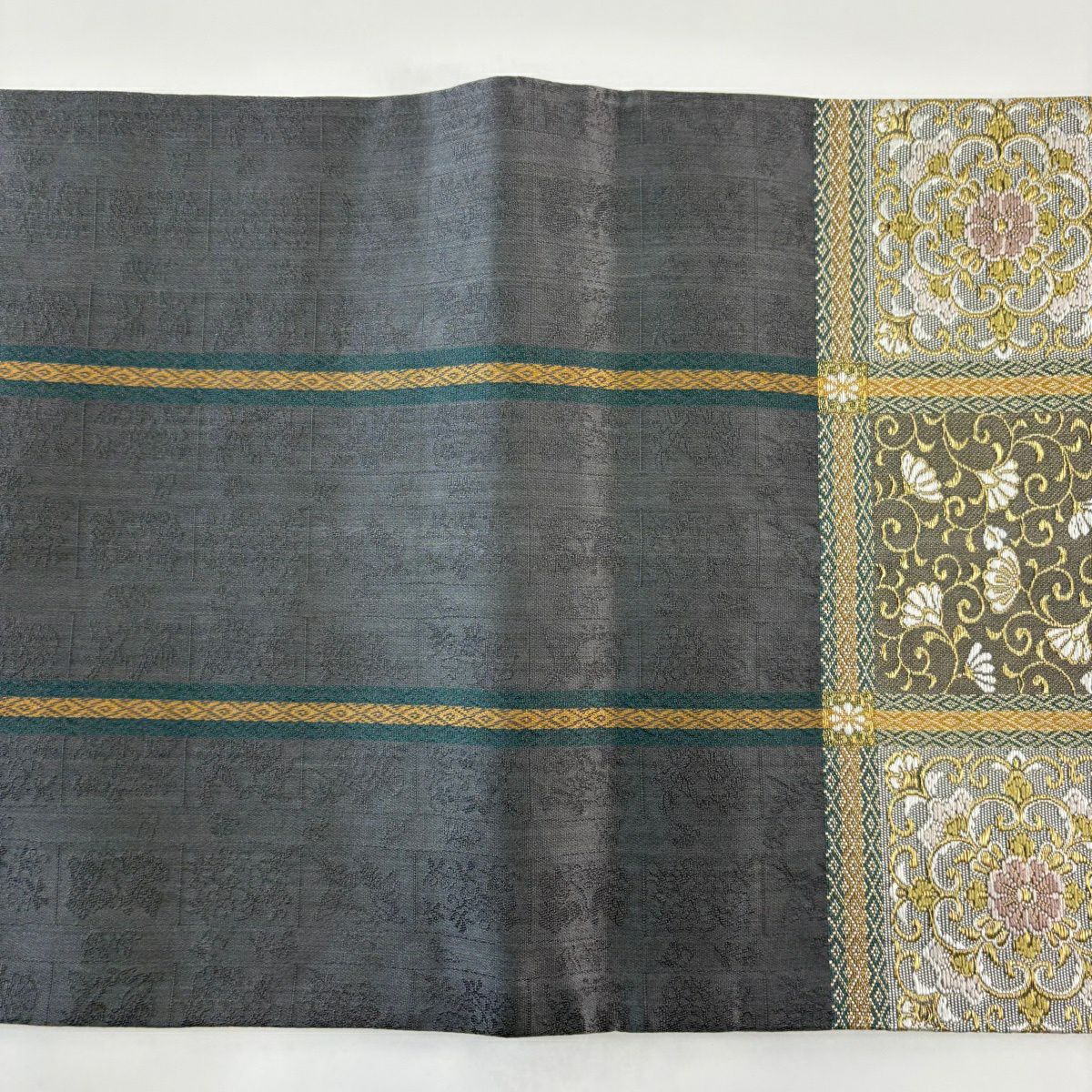 【美品】 袋帶 秀品級 華紋 花唐草紋 金絲 灰 深藍 六通 純蠶絲