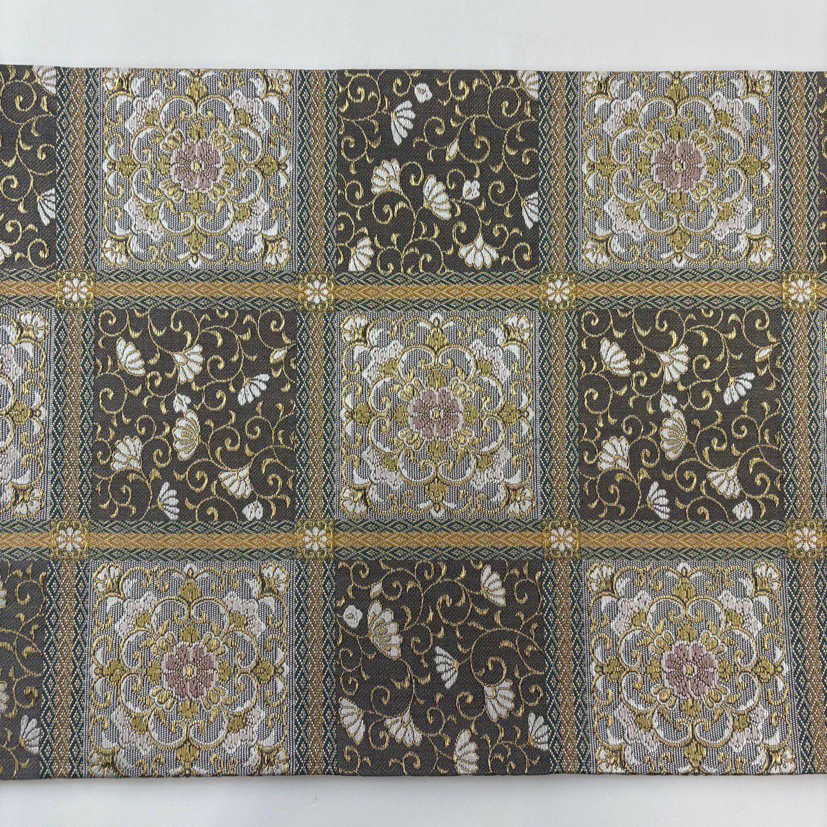 【美品】 袋帶 秀品級 華紋 花唐草紋 金絲 灰 深藍 六通 純蠶絲