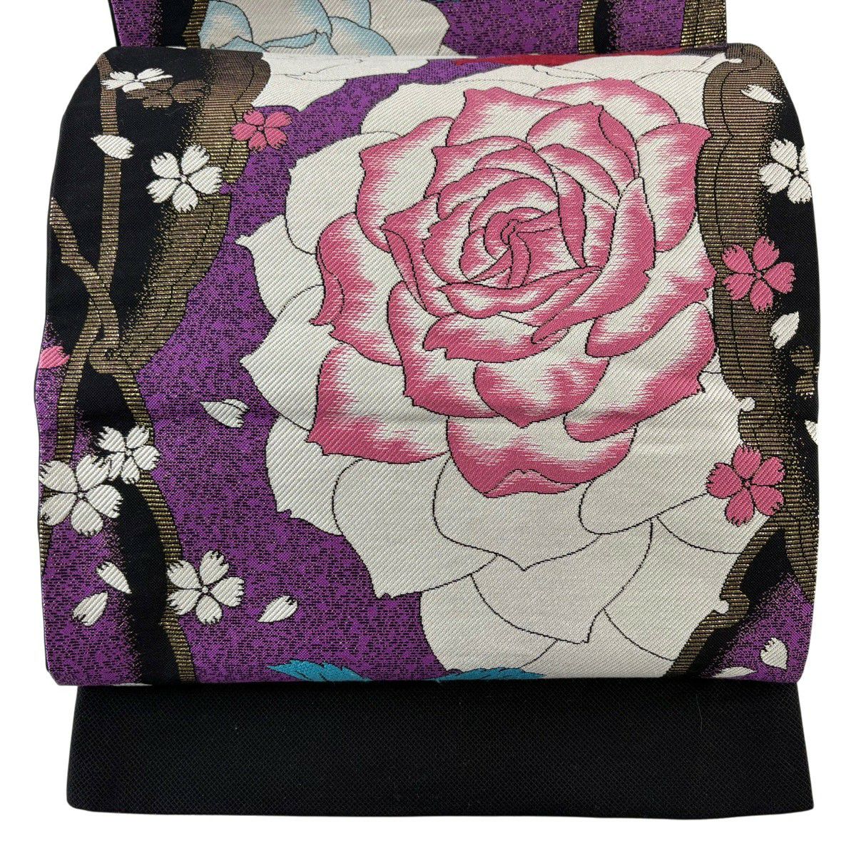 【美品】 袋帶 秀品級 薔薇花 金金箔 紫 六通 純蠶絲