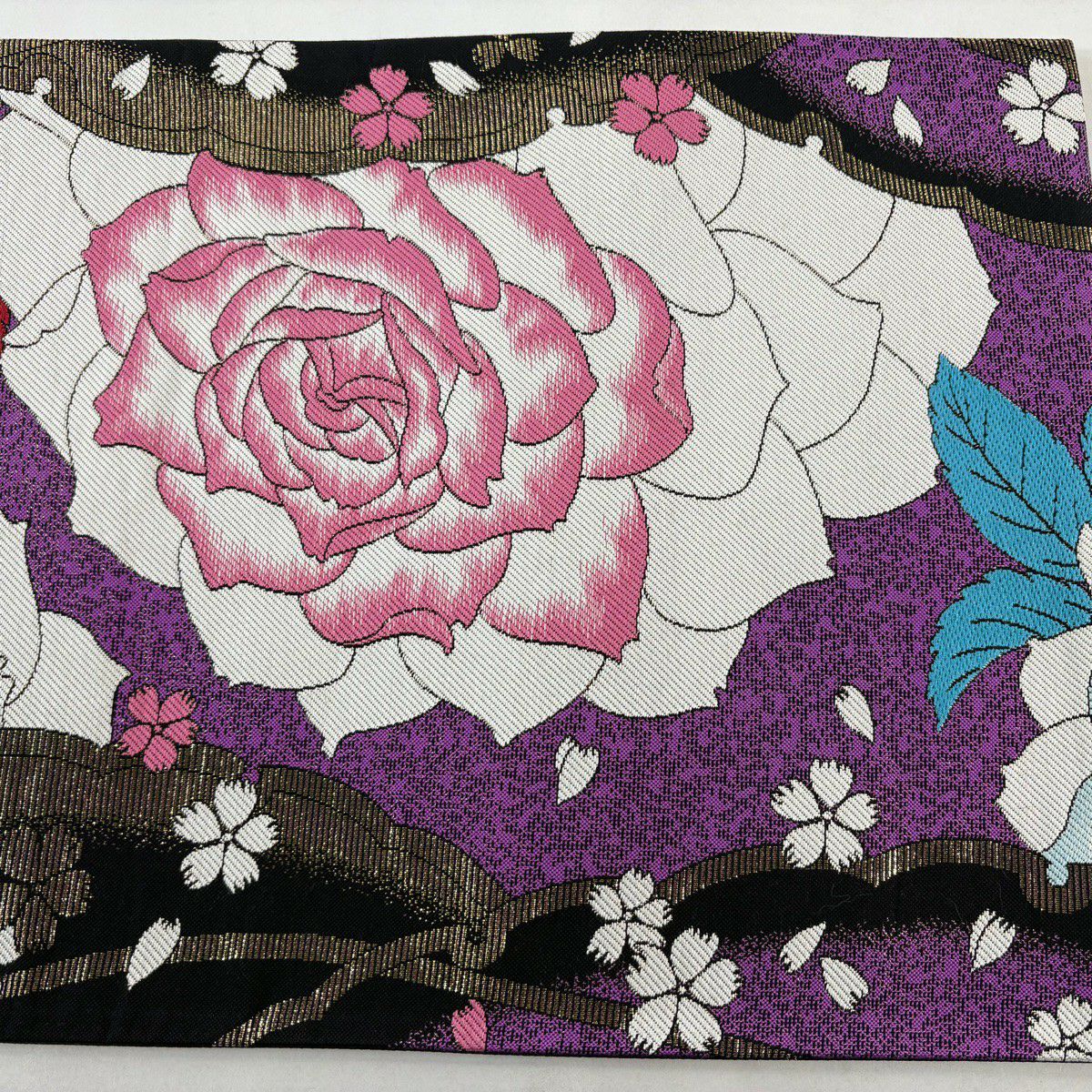 【美品】 袋帶 秀品級 薔薇花 金金箔 紫 六通 純蠶絲